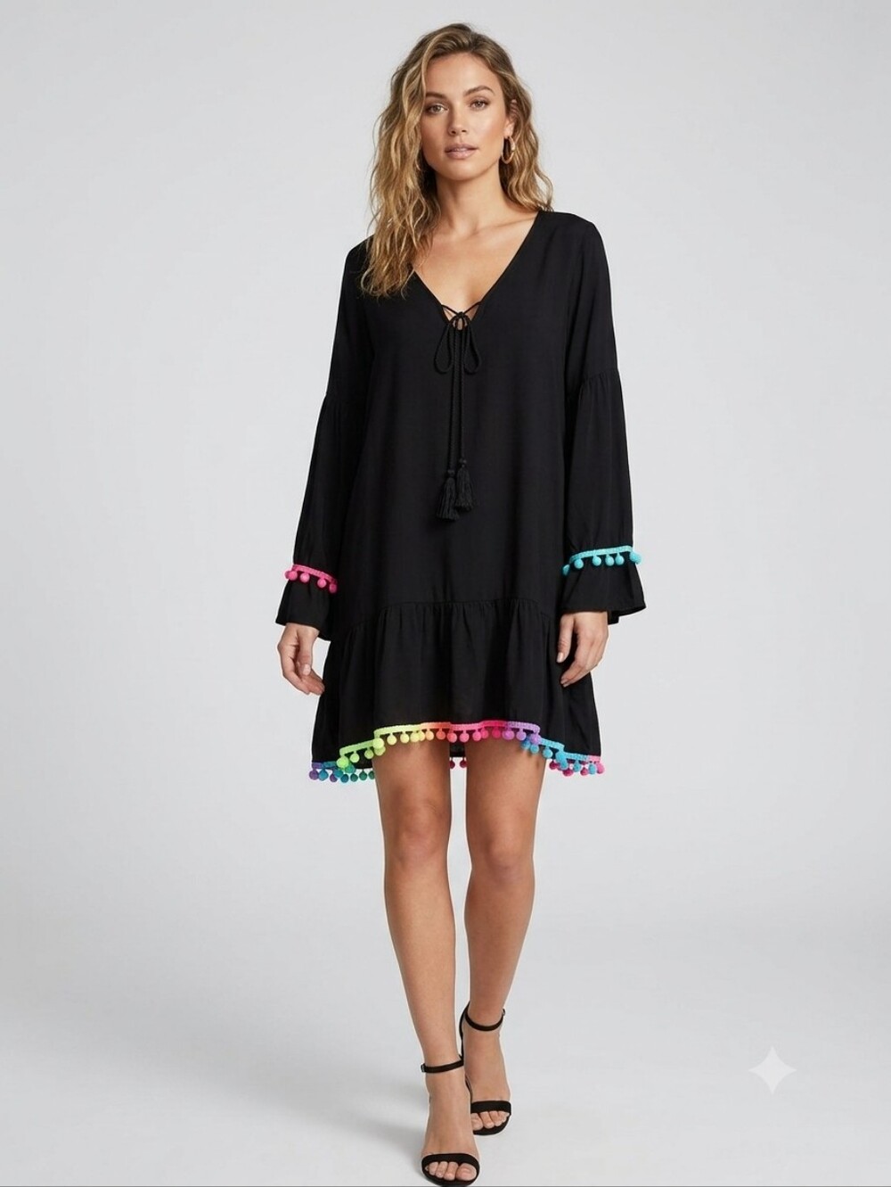 ChicMe Black Pom-Pom Trim Mini Dress, Size Large